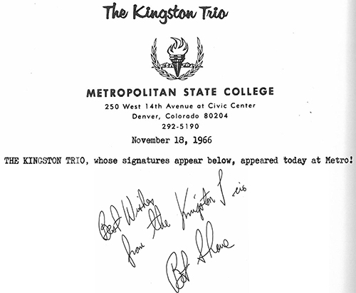 Kingston Trio performing at Metropolitan State College Event Poster