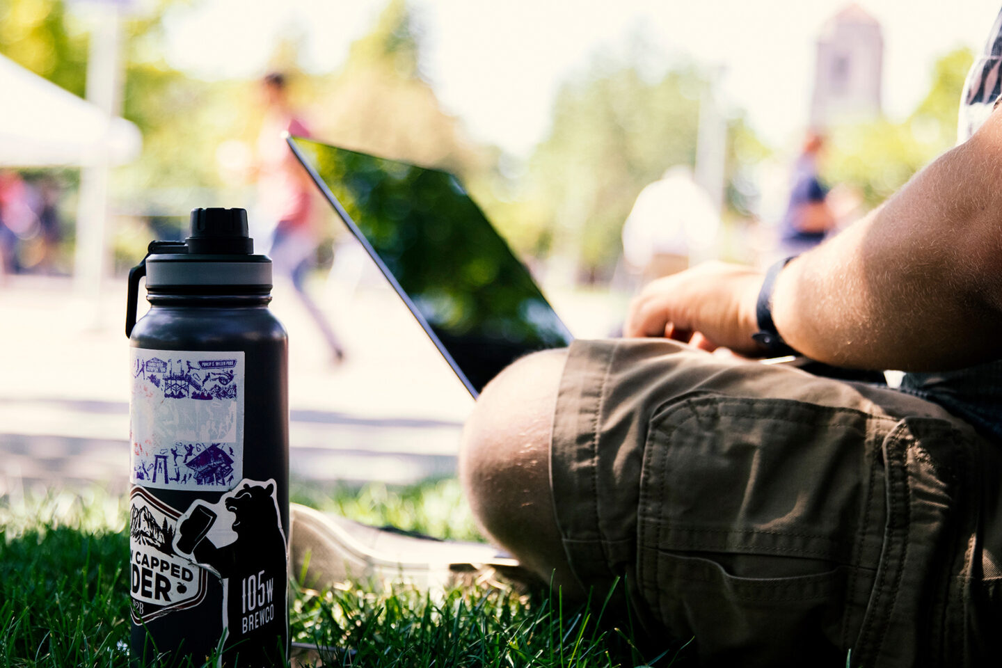 Man sitting on grass with laptop and water bottle