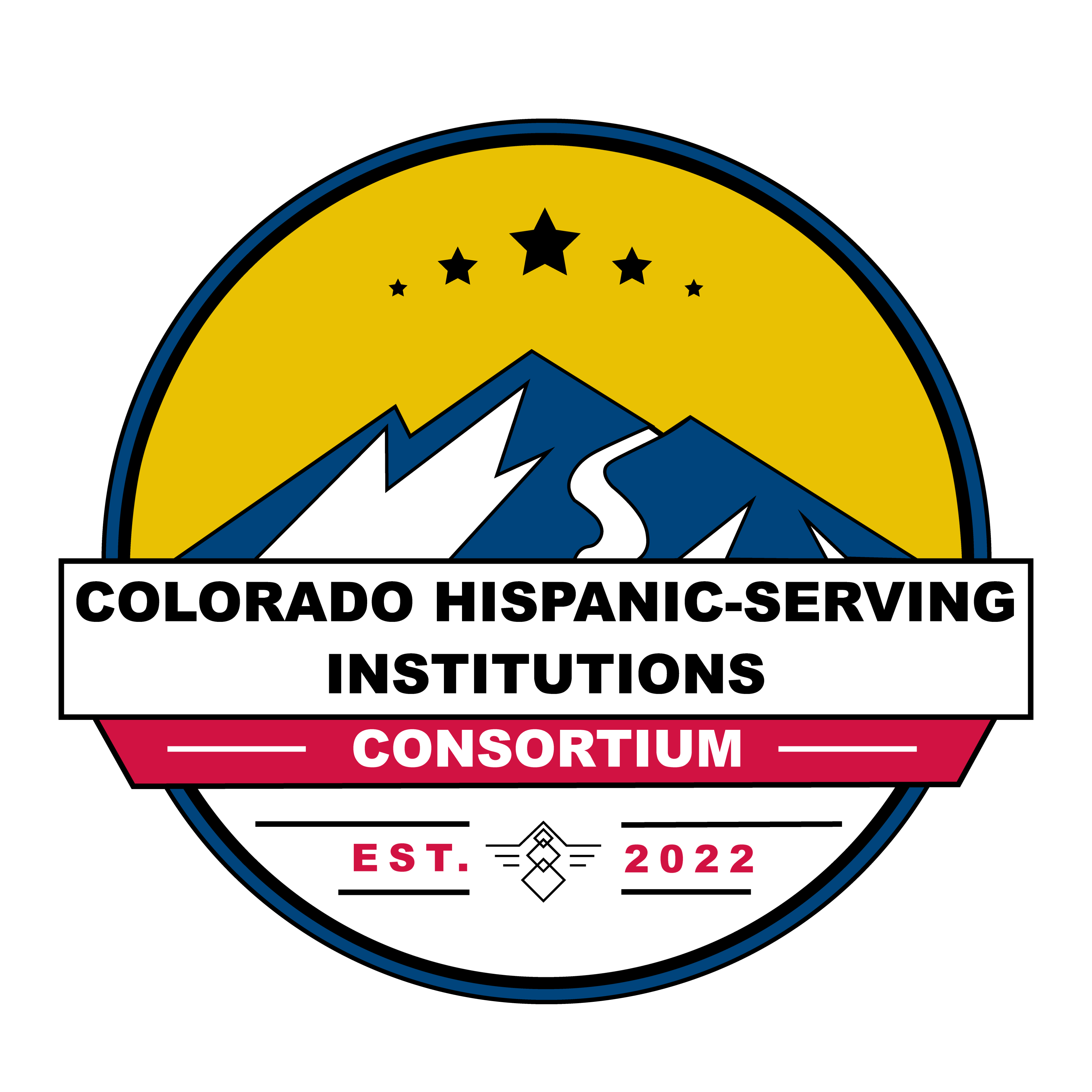 Logo Circle with 5 stars above Mountain with a banner that reads Colorado Hispanic-Serving Institution Consortium