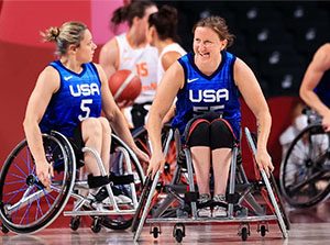 Courtney Ryan looks to the bench during the women's wheelchair basketball game against the Netherlands team during the Tokyo 2020 Paralympic Games. Photo by Carmen Mandato/Getty Images