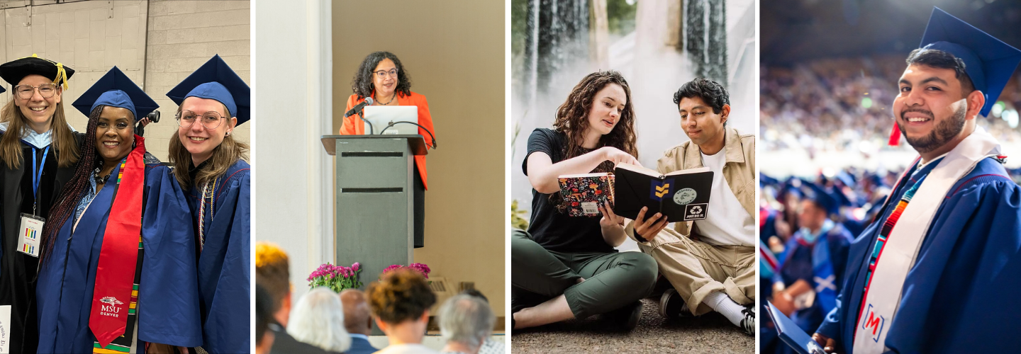 4 images - Image 1: Graduating students and professor at commencement; Image 2: Person standing at podium; Image 3: Two people sitting looking at a book; Image 4: Graduating student at commencement