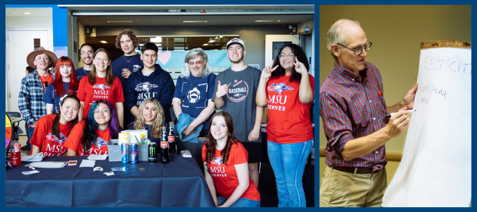 Two images – Image 1 (Left): MSU Denver students smiling in the Student Success Building; Image 2 (Right): MSU Denver faculty writing notes in black ink on a large pad of paper