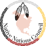 Native Nations Council symbol image. Round picture with border colors, White, Yellow, Red, Black. Centered a red image of The Americas and two eagle feathers.