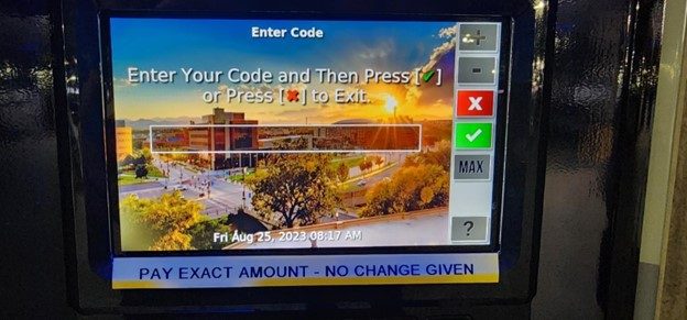 Auraria Campus parking kiosk screen for Coupon Code (i.e., 100% Discount, for free codes)