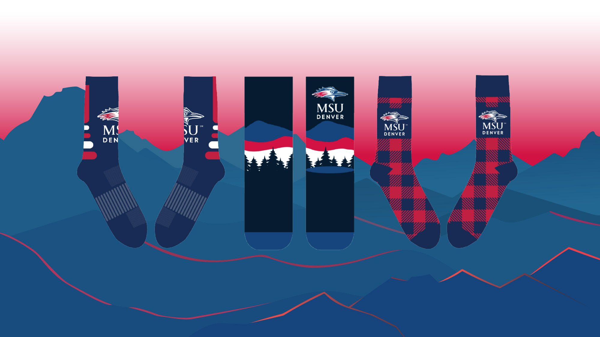 MSU Denver's 2024 Socktober designs. The three designs feature the MSU Denver logo and are all red and blue. One version is striped, another is plaid, and the athletic sock features mountains and pine trees.