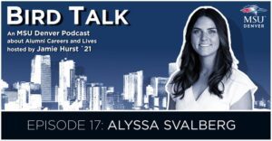 Alyssa Svalberg Bird Talk Podcast graphic with her photo cut out in front of a Denver skyline graphic