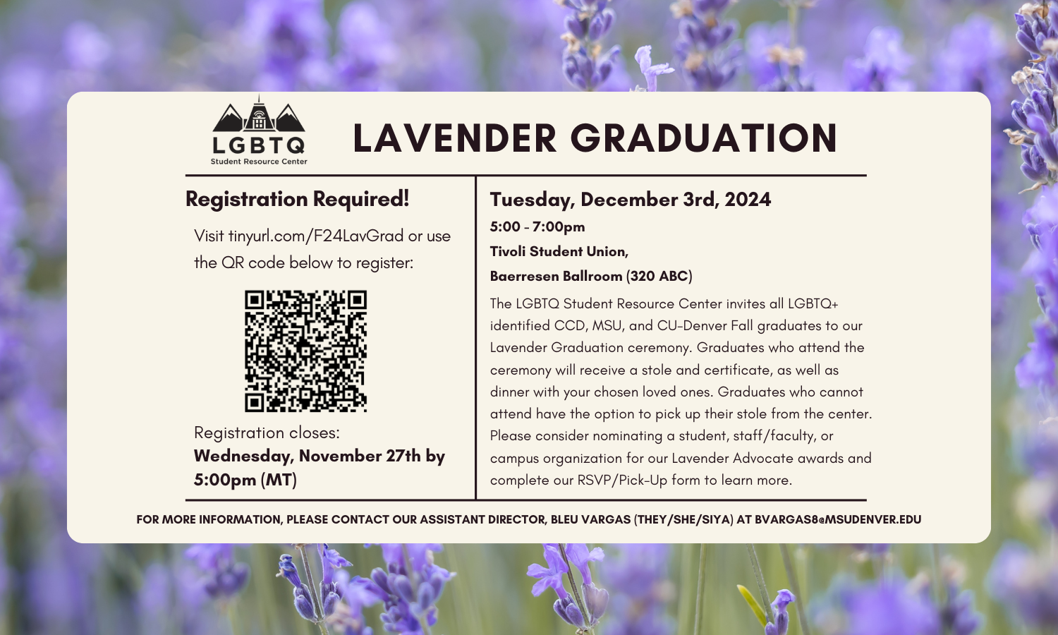 a flyer with details about the fall 2024 lavender graduation celebration on a cream overlay and an out of focus lavender flowers background