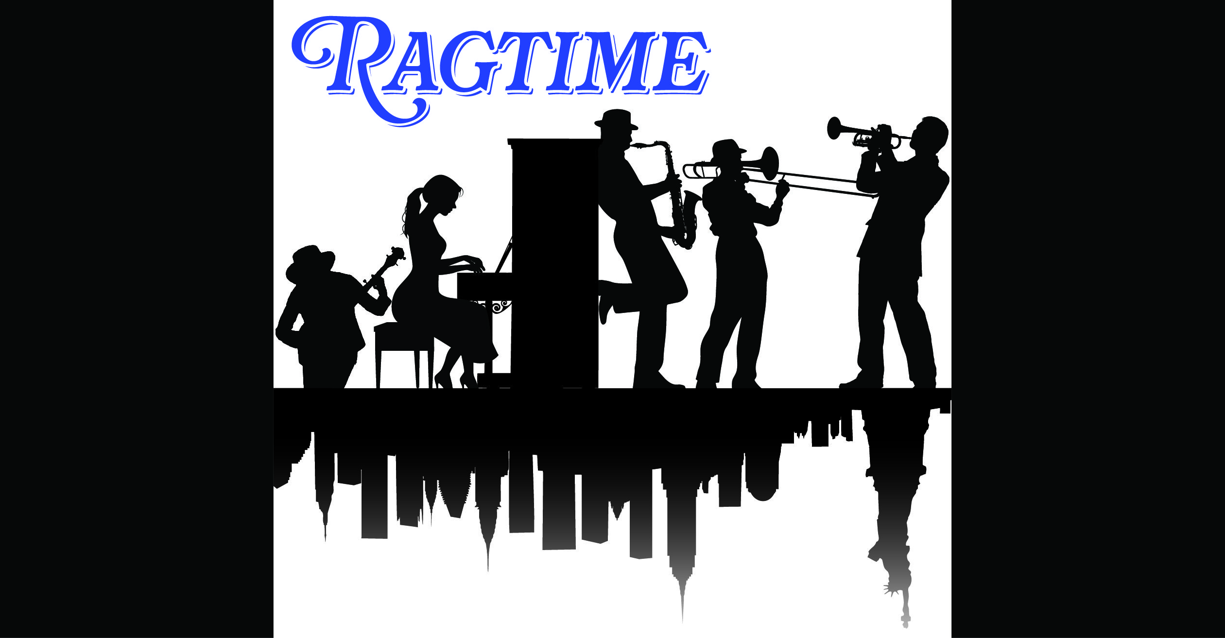 Black framed photo of silhouettes of people playing musical instruments with the old New York skyline acting as their shadows underneath. The title Ragtime is at the top in blue