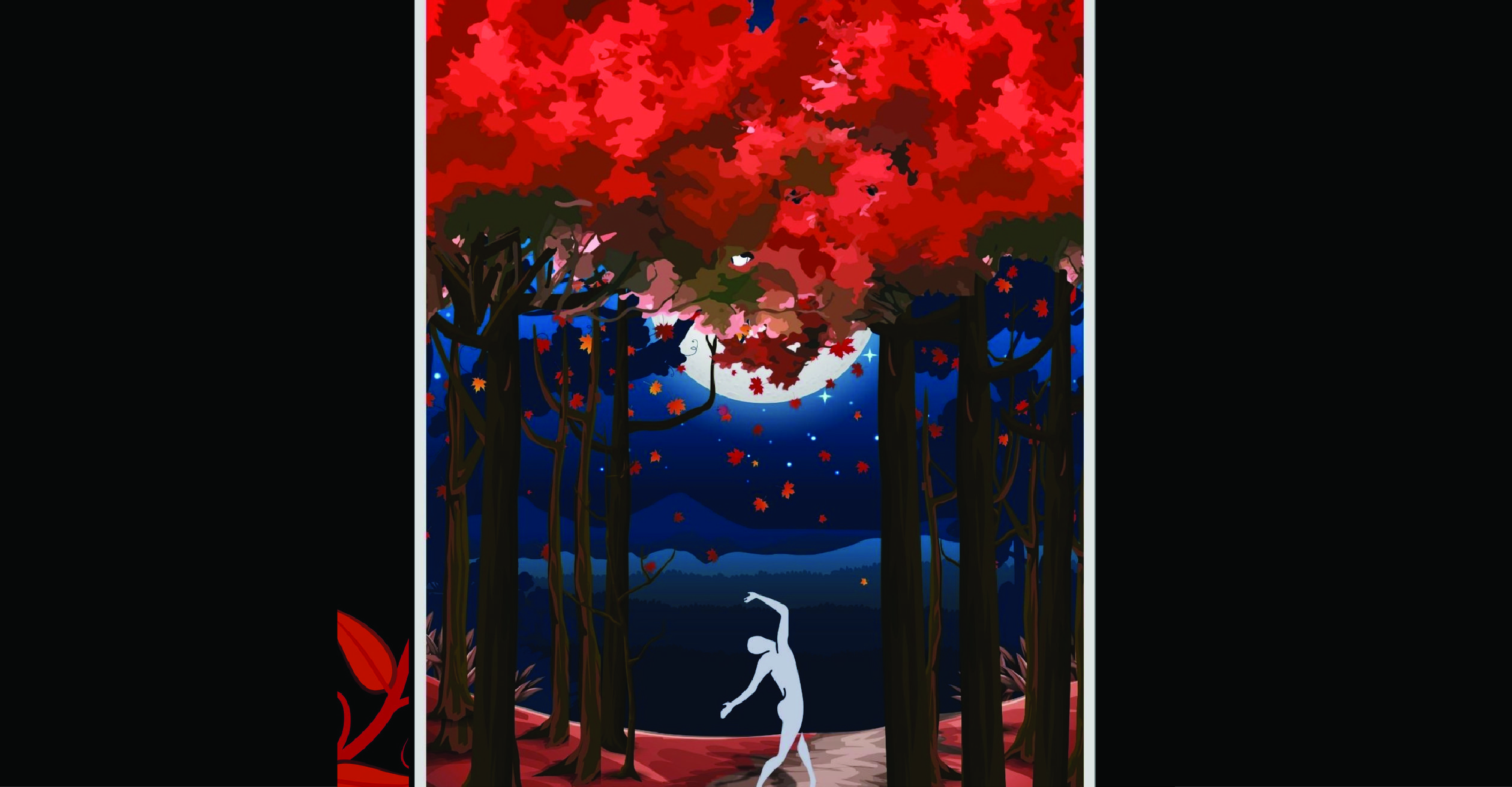 Silhouette of a person in white on a hill under trees with red leaves in front of a blue sky and white full moon.