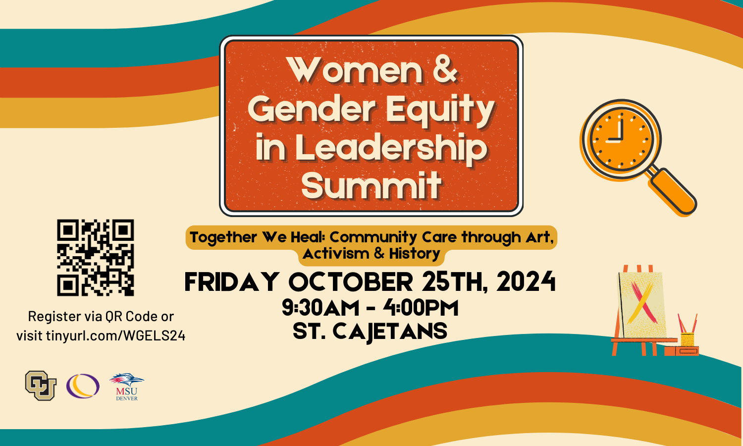 a flyer detailing the women and gender equity in leadership summit on friday, october 25th from 9:30am - 4:00pm in St. Cajetans. Register via QR code or visit tinyurl.com/wgels24