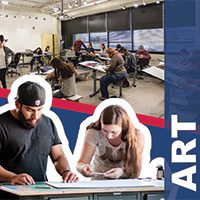 Image split into two sections, top image: Students in a classroom drawing individually on easels, bottom image: Two students work on a art piece; on the right side of image low opacity blue long rectangle with overlaid text that says: Art