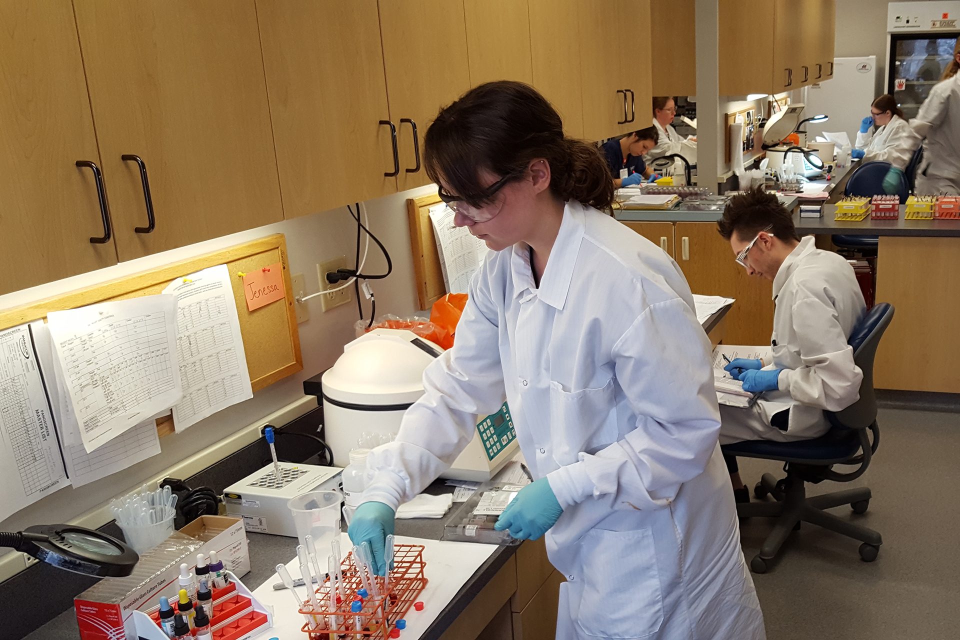 Female student working at lab station.