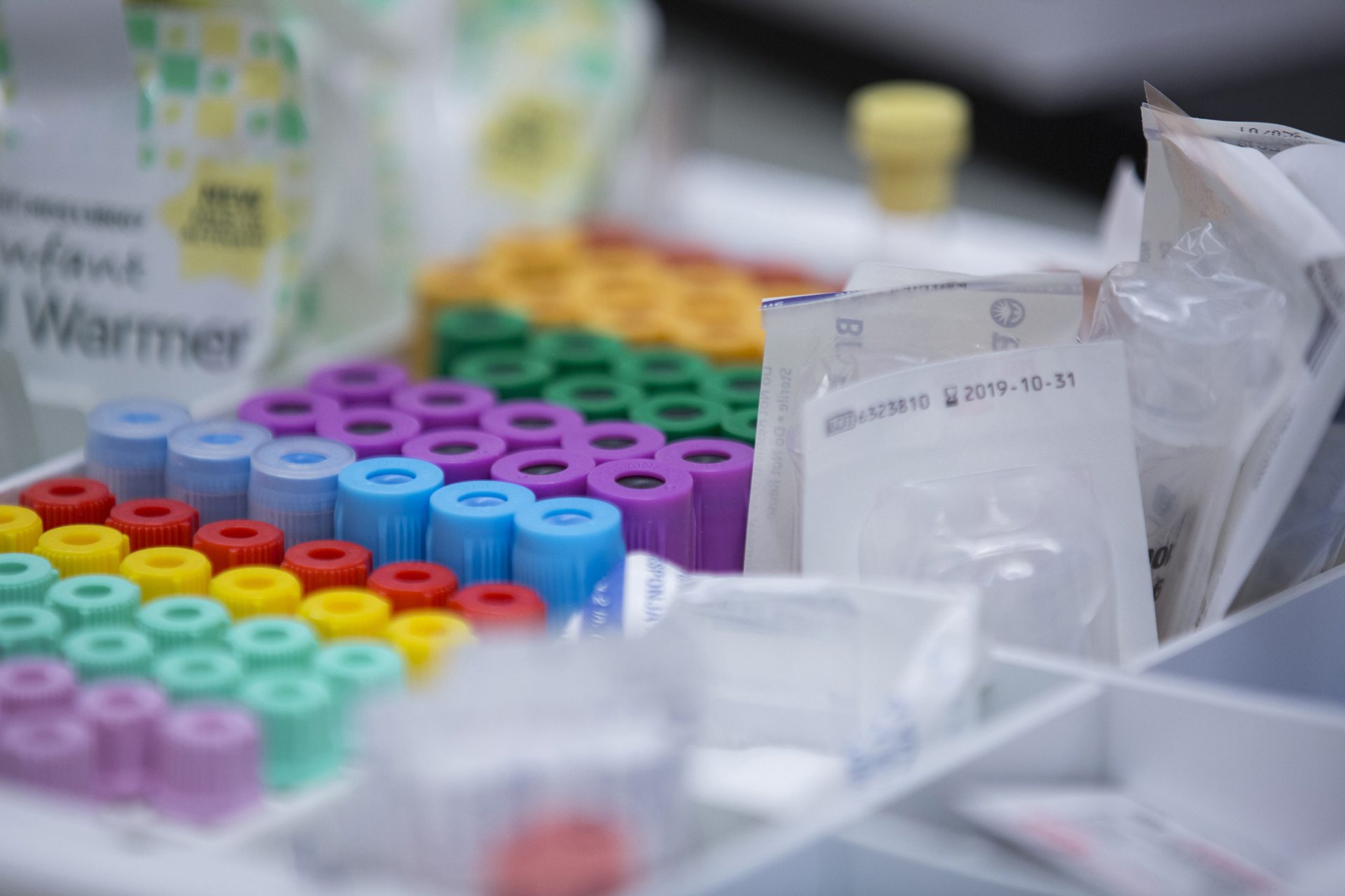 Close up of collection tubes in a laboratory.