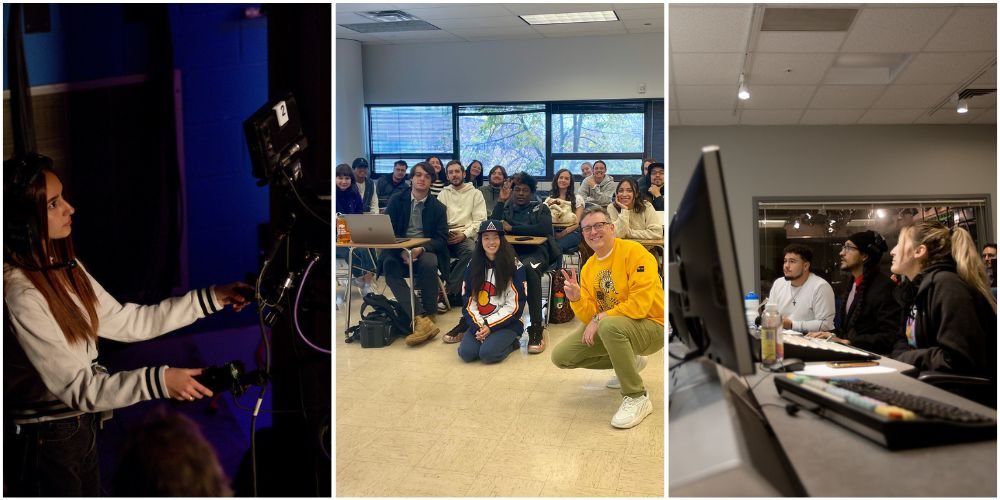 3 images - Image 1: A MSU Denver student operates a camera at their studio on campus to film a forum; Image 2: Students in Public Relations Fundaments class smile with a class visitor; Image 3: MSU Denver students use their studio on campus to film a forum