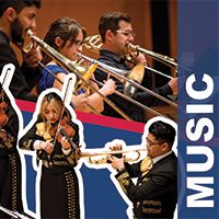 Image split into two sections, top image: Three student play trombones, bottom image: Students playing instruments in Mariachi costumes; on the right side of image low opacity blue long rectangle with overlaid text that says: Music