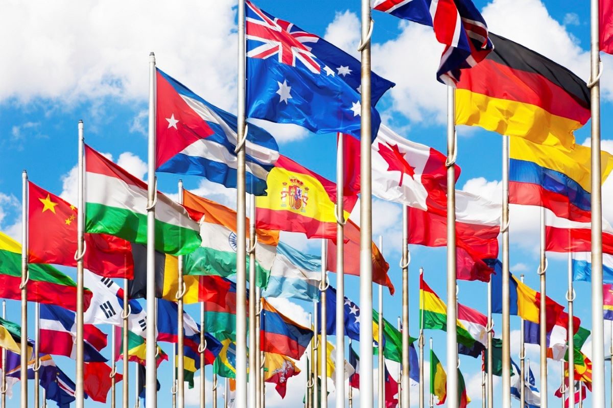 World flags on flag poles