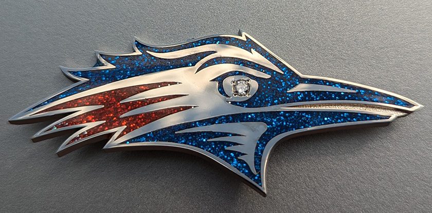 Red, blue and metallic rhinestone Roadrunner brooch