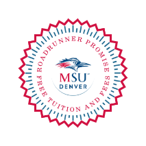 Roadrunner promise circular badge with MSU Denver logo