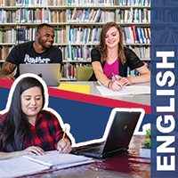 Image split into two sections, top image: Two students study in the library with shelves of books behind them, bottom image: A student writes with a pencil in a notebook with a laptop open in front of them; on the right side of image low opacity blue long rectangle with overlaid text that says: English