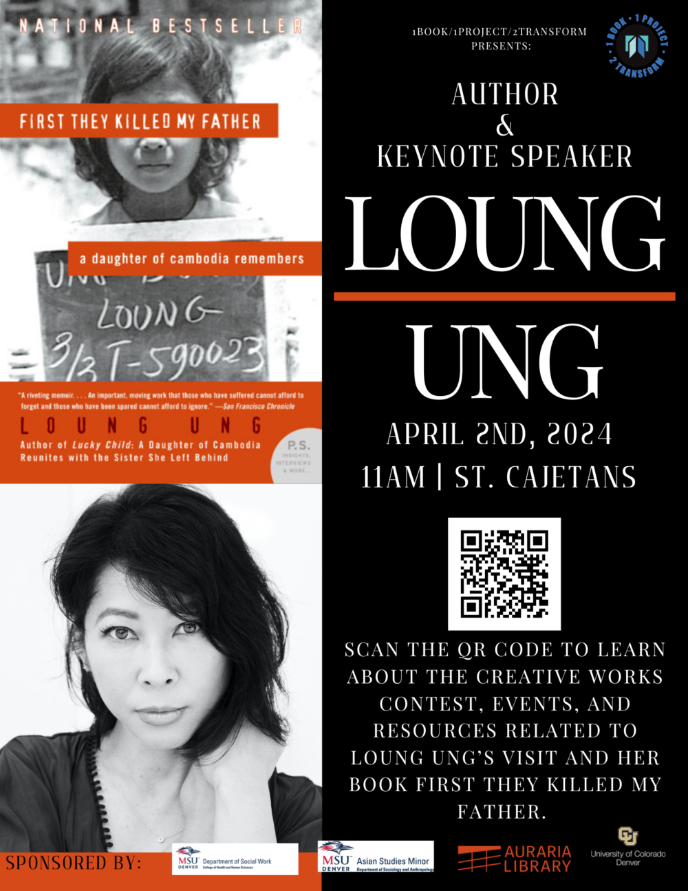 Black and red flyer for Loung Ung's upcoming author visit April 2, 2025 at 11am a St. Cajetan's