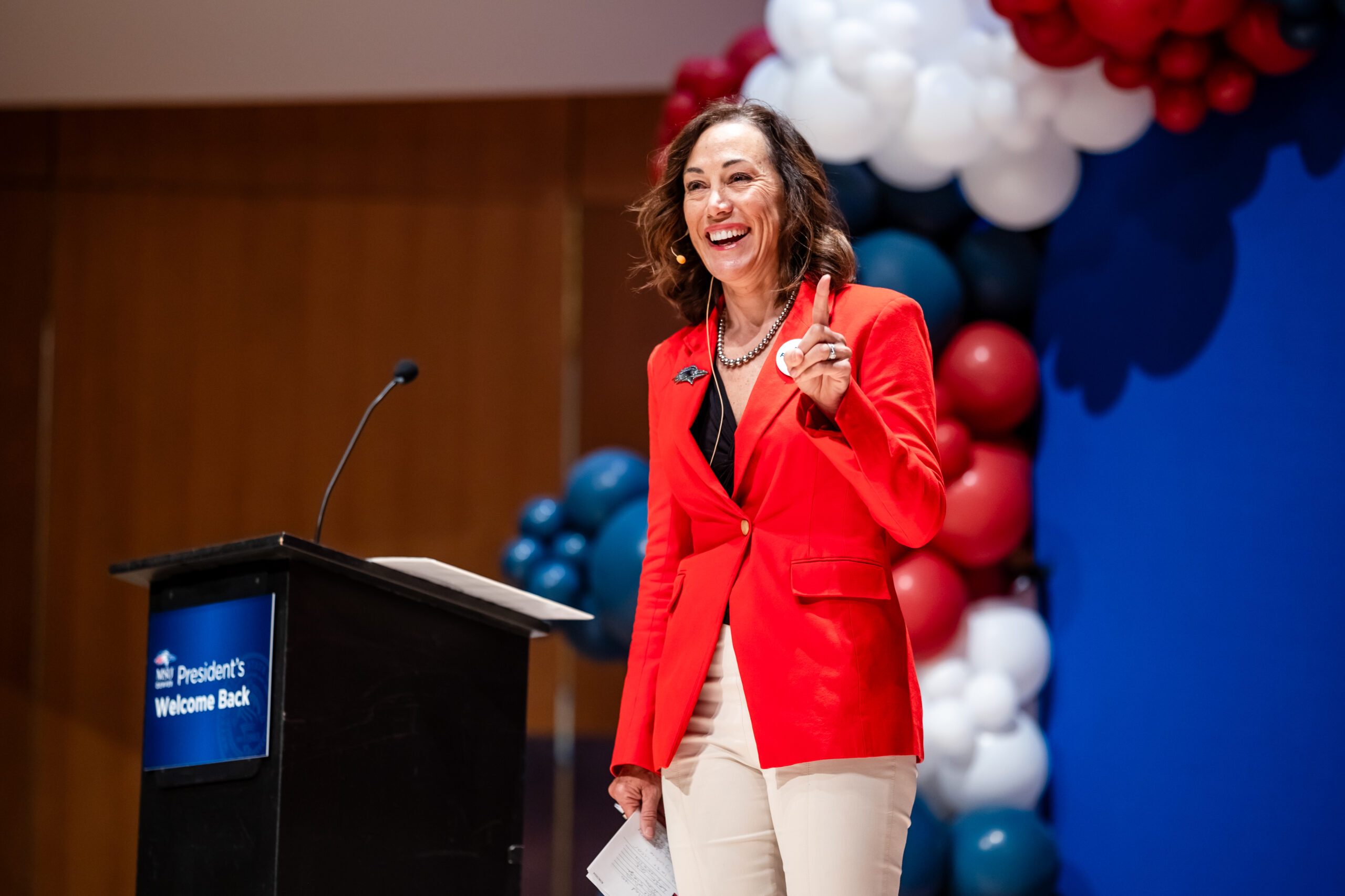 President Davidson gives her address at the Welcome Back event.