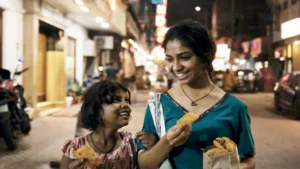 A smiling young woman and a young girl share a treat on a night time street.