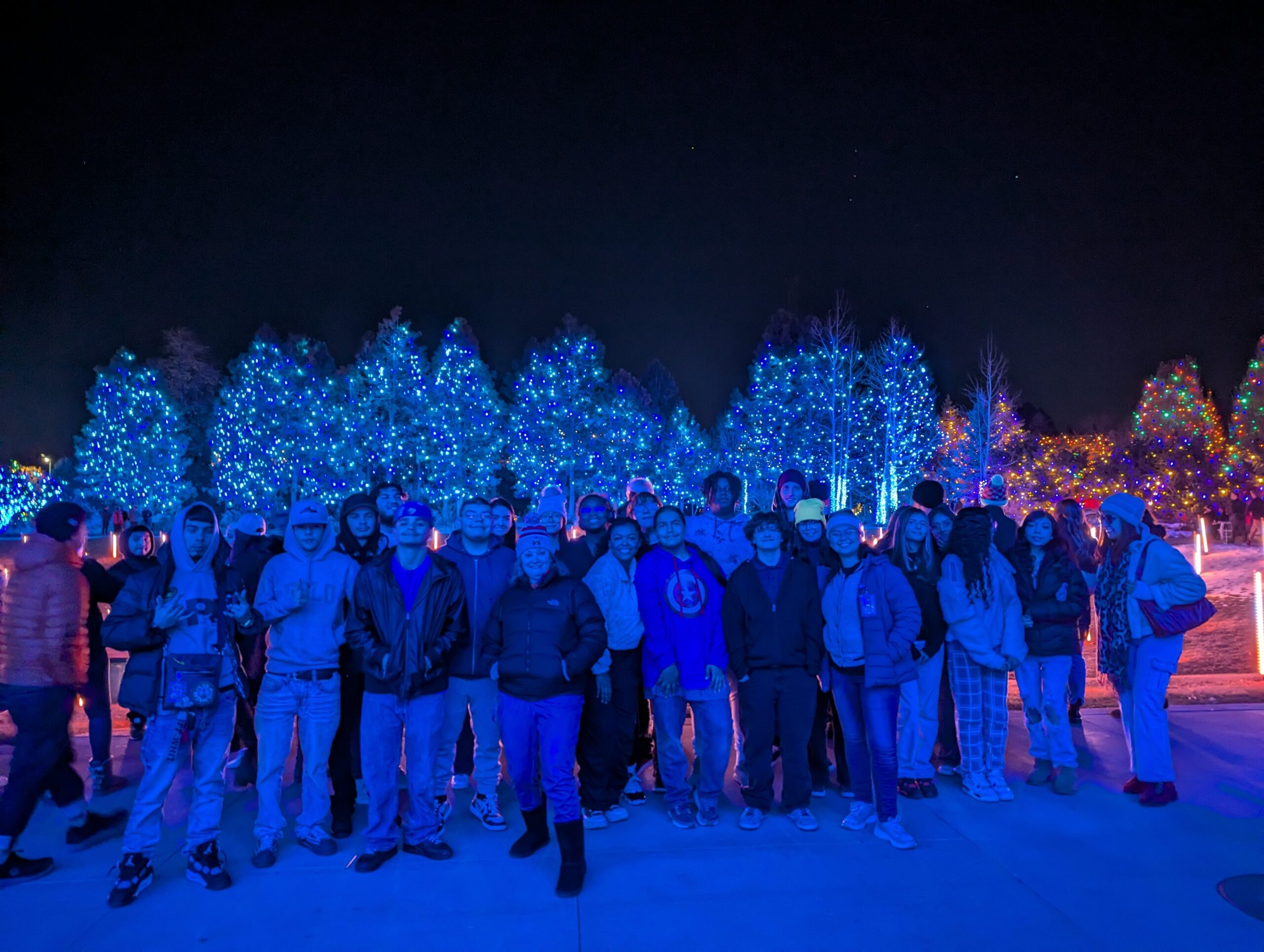 Large group of people at the Denver Botanic Gardens during the Blossoms of Lights. Image is blue tinted due to light show.