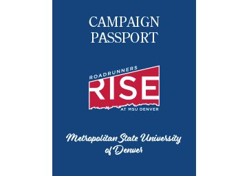 MSU Denver Roadrunners Rise Campaign Passport with a blue background and the red Roadrunners Rise logo in the middle